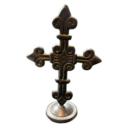 Antique-Style Cross With Fleur-De-Lis Design 12 Inch Tall - Picture 5 of 9